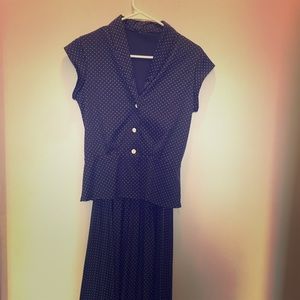 Vintage two piece navy blue polka dot dress